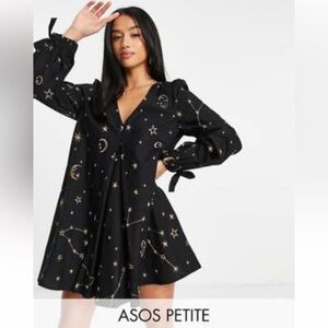 💫NWT!🖤 ASOS black v neck star print trapeze dress US 00P
